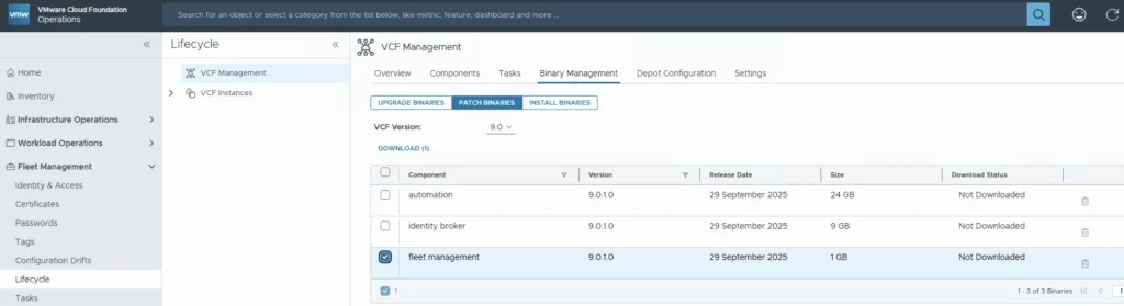 UI shows VCF 9.0.1 binary management for fleet management upgrade.