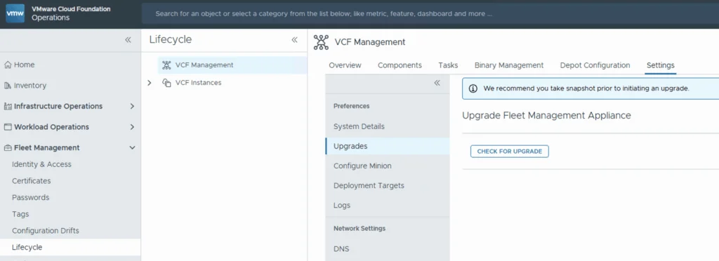 The image shows a VMware Cloud Foundation Operations interface with a focus on upgrades, recommending a snapshot before initiating an upgrade.