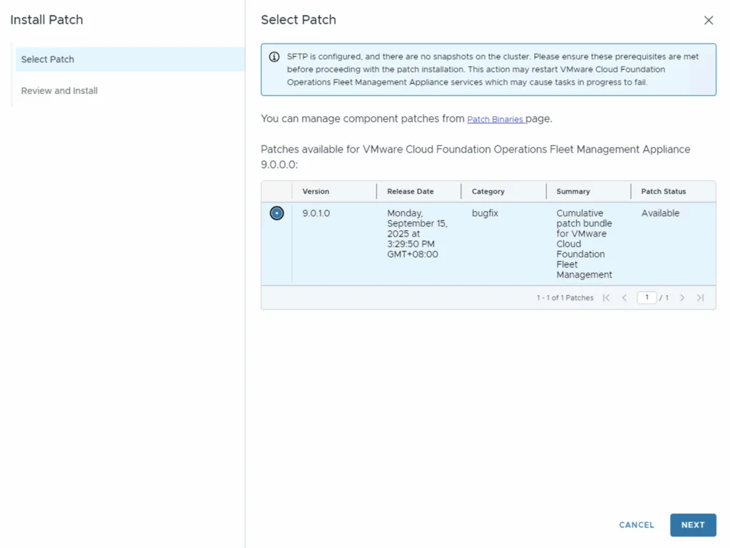 Select patch version 9.0.1.0, click Next to proceed.