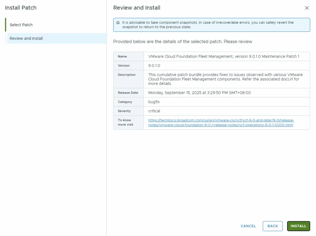 Review and Install step for VMware Cloud Foundation Fleet Management 9.0.1.0 Maintenance Patch 1.
