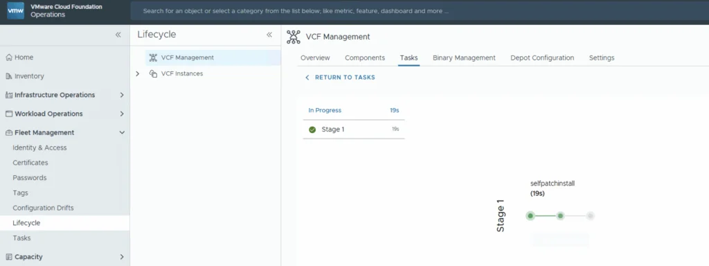 Upgrading VCF 9.0.0 Fleet Management to 9.0.1: Task in Stage 1 of selfpatchinstall.