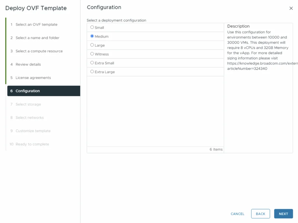 Deploy OVF Template: Select configuration size (Small, Medium, Large, Witness, Extra Small, Extra Large) for deployment.