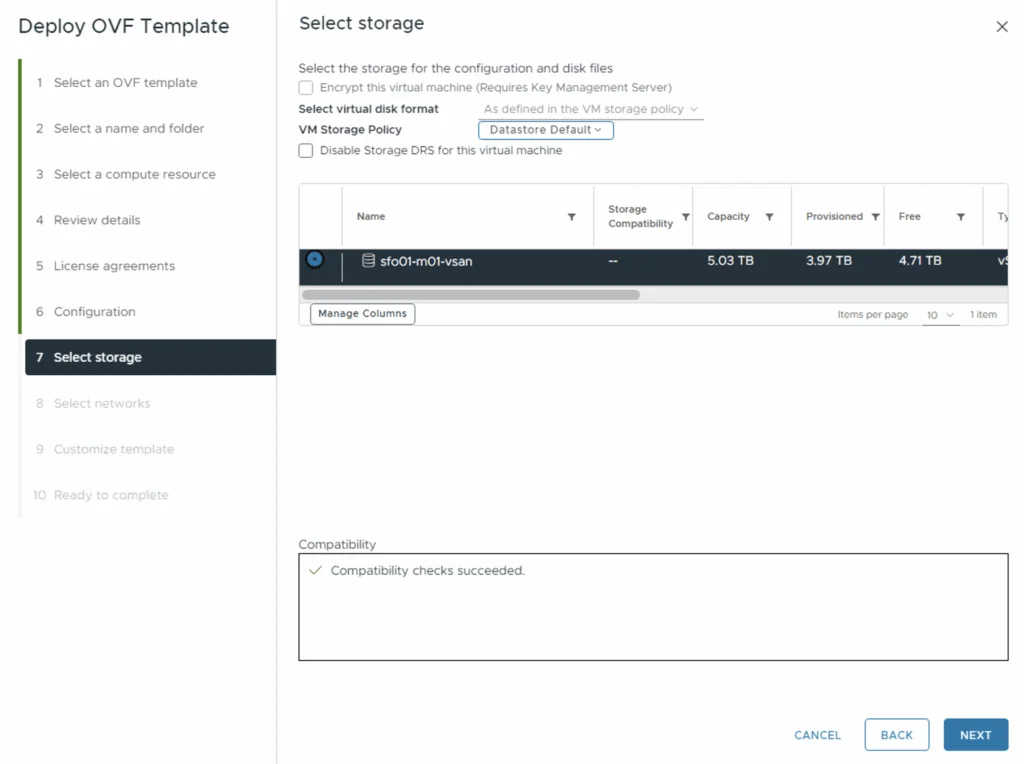 Select storage for deploying OVA, choose “sfo01-m01-vsan,” then click Next.