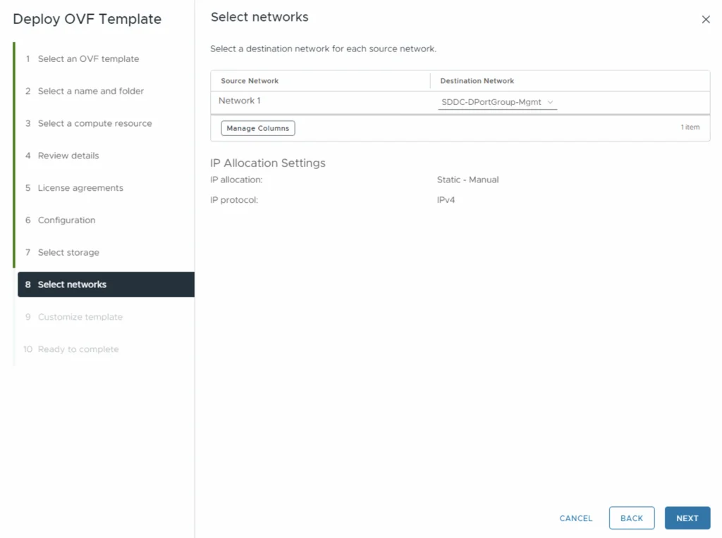 Select network for deployment, choose destination, click Next.