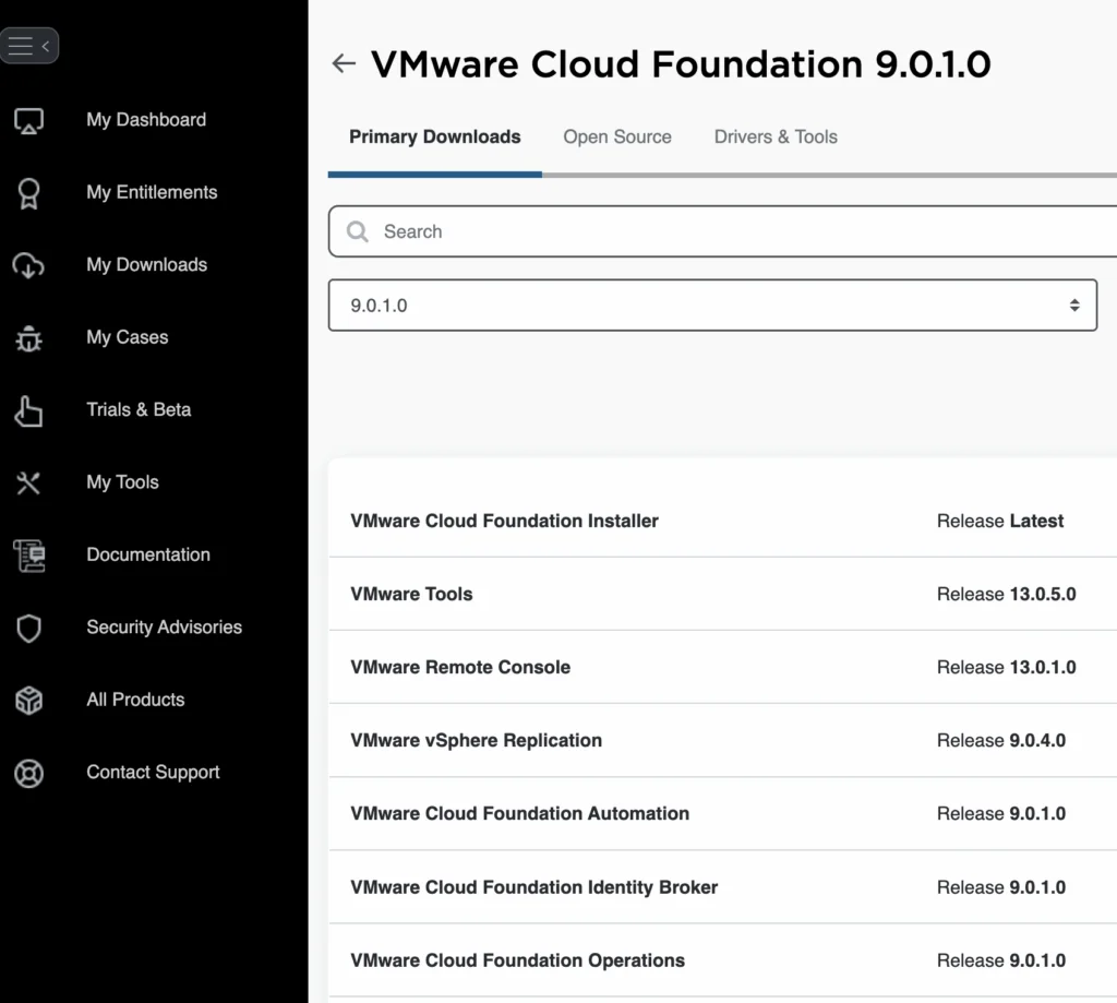 VMware Cloud Foundation 9.0.1.0 download page showing installer and tools versions.