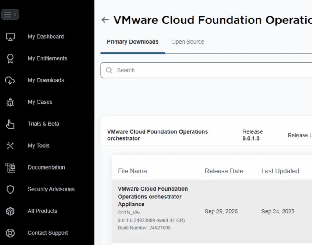 UI shows VMware Cloud Foundation Operations Orchestrator download page with release version 9.0.1.0 and file details.