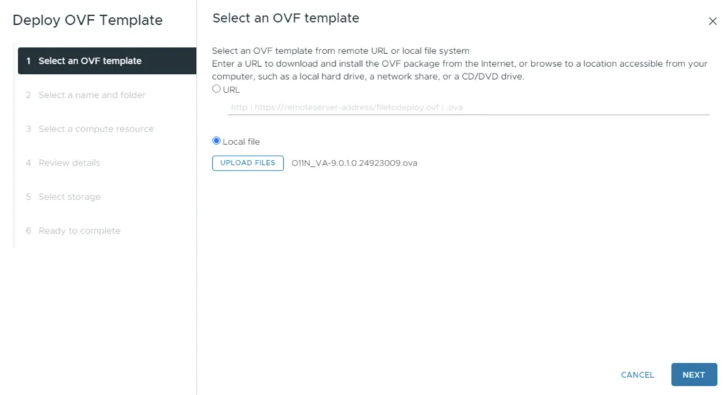 Wizard step: Select an OVF template. Upload the OVA file for deployment.