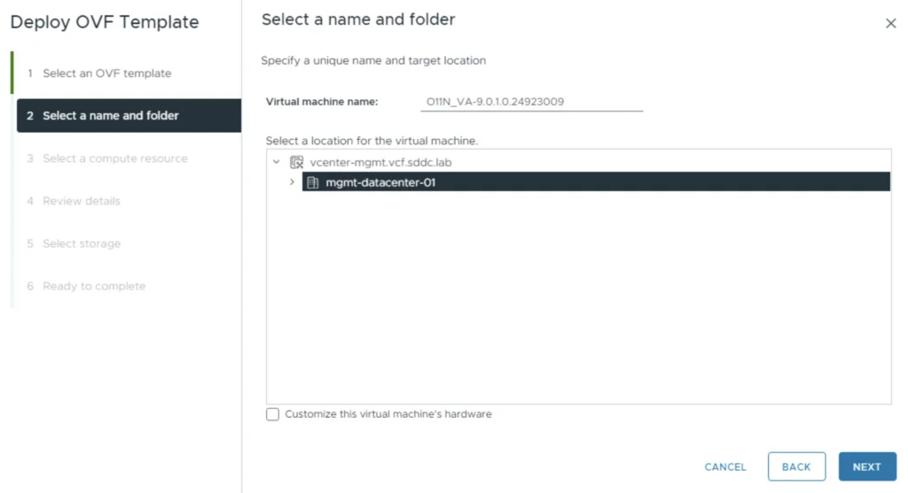 Deploying an External VCF Operations Orchestrator 9 Appliance: Select a VM name and folder in the deployment wizard.