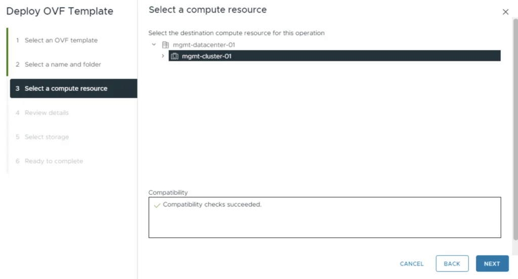 Selecting a compute resource for deploying an OVF template in a wizard.