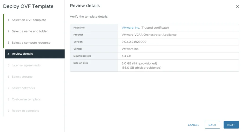 Reviewing details for VMware VCFA Orchestrator Appliance; click Next to proceed.