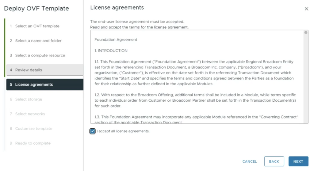 Deploying VCF Operations Orchestrator 9, license agreement review.
