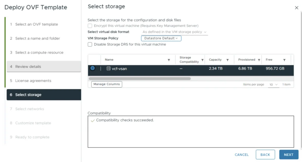 Deploying an External VCF Operations Orchestrator 9 Appliance: Select storage for configuration and disk files, ensuring redundancy for production.