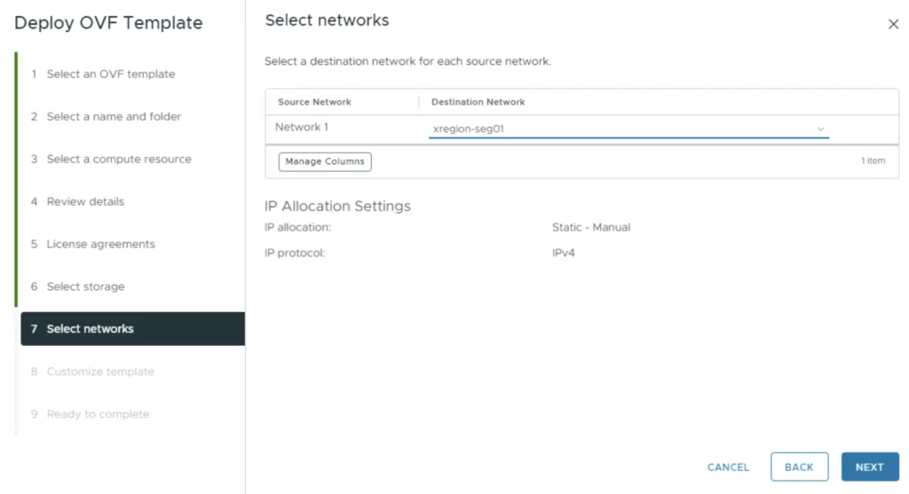 Deploying an OVF template, selecting network mappings for the VCF appliance deployment.