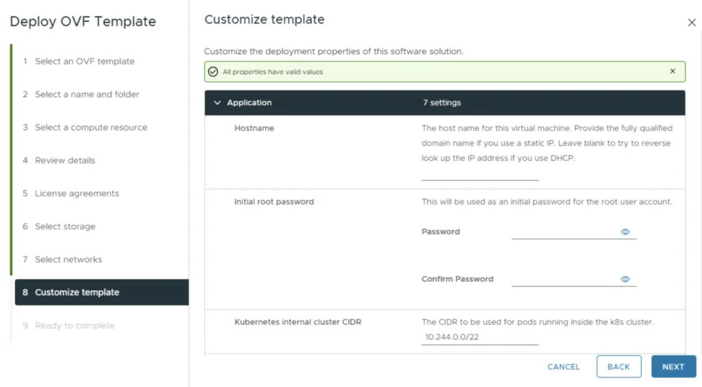 Customize template step shows password fields for root user setup.