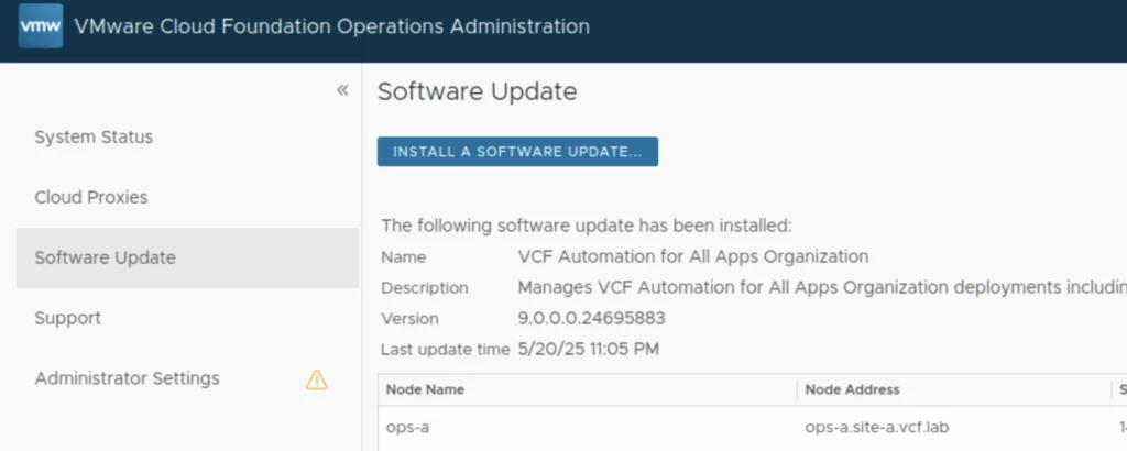 Software Update page shows installed update details and node information.