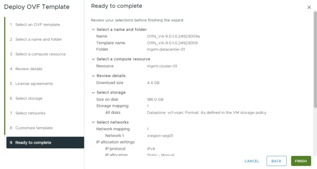 Deploying VCF Operations Orchestrator 9: Review settings, click Finish to start deployment.