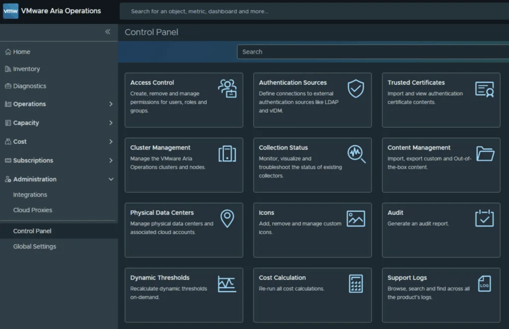 VMware Aria Operations Control Panel showing various management options like Access Control, Authentication Sources, and Audit.