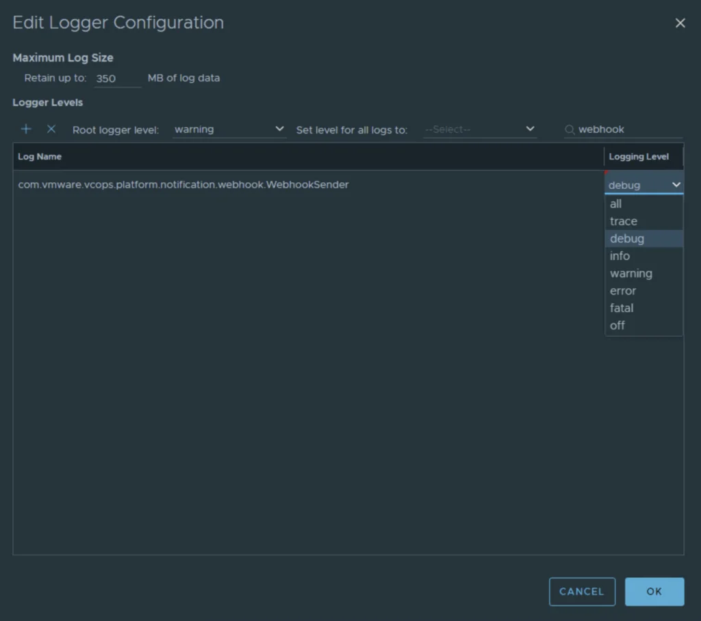 Edit Logger Configuration window shows logging level settings for a webhook class.