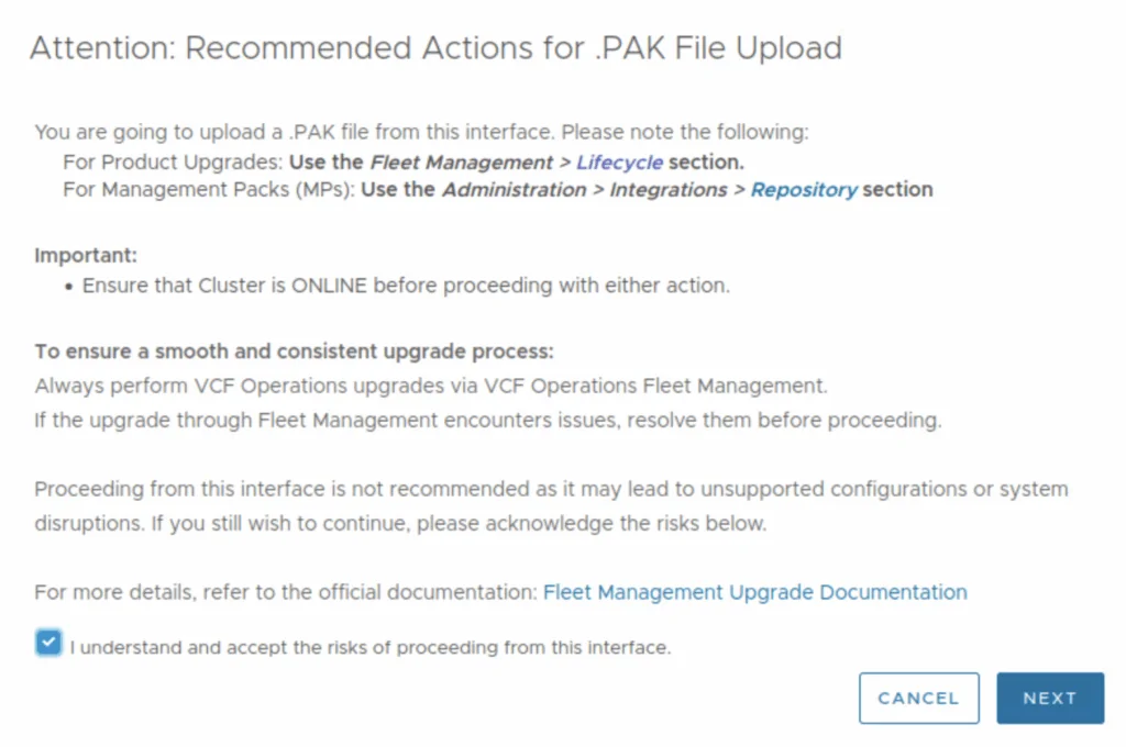 Warning: Acknowledge risks for .PAK file upload. Click Next.