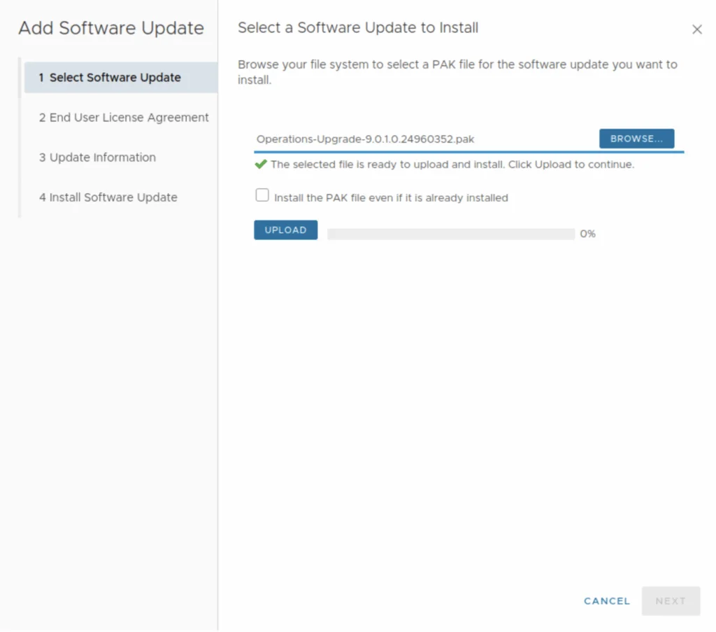 Select a .PAK file for VCF 9.0.1 update, then click Upload.