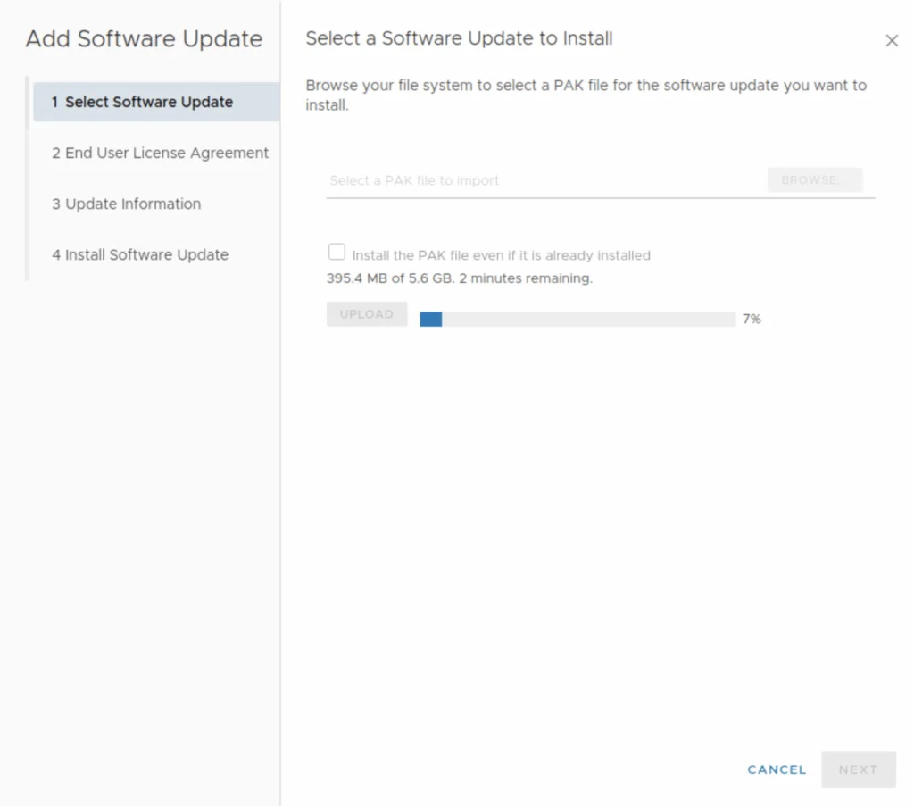 Uploading .PAK file for VCF 9.0.1 update, 7% complete.