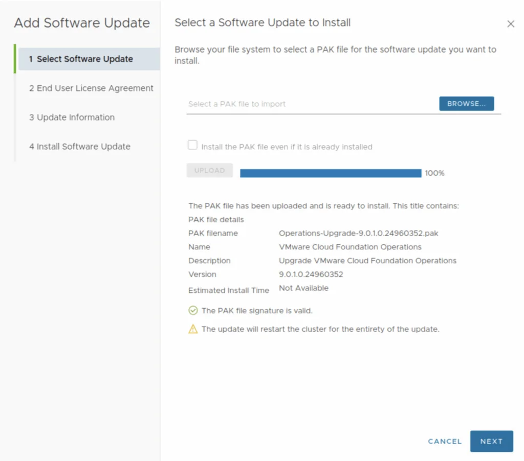 Upgrading VCF Operations to 9.0.1 using a .PAK file. Upload complete; click Next.