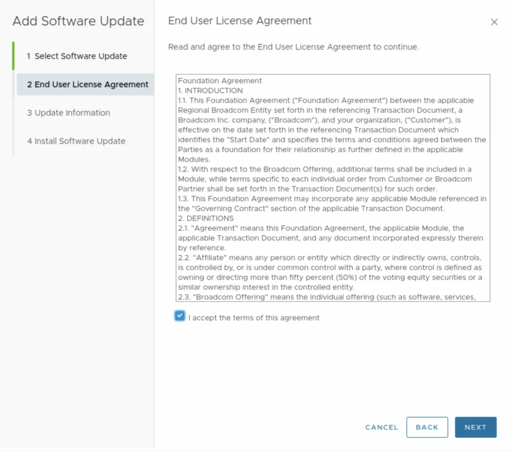 Wizard step: “End User License Agreement” with checkbox, text, and buttons.