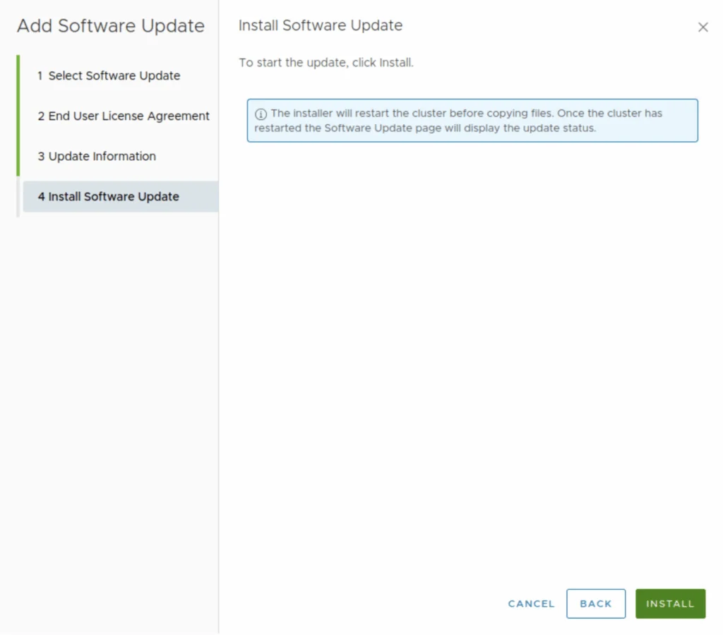 Wizard step: Install Software Update. Click Install to restart cluster and copy files.