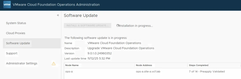 Software update in progress: VMware Cloud Foundation Operations 9.0.1 upgrade.