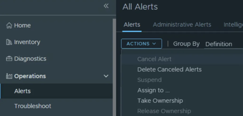 The image shows a menu with options like “Cancel Alert,” “Delete Canceled Alerts,” and “Suspend” under the “ACTIONS” dropdown in a VCF Operations interface.