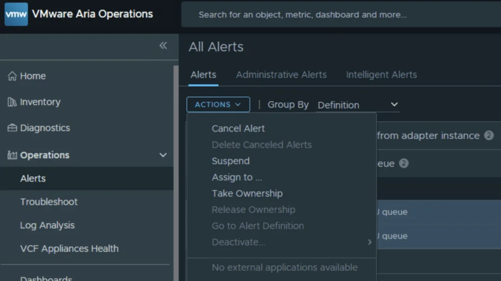 VMware Aria Operations dashboard showing alerts with options like "Cancel Alert" and "Delete Canceled Alerts".