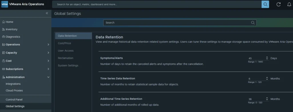 In the VMware Aria Operations UI, navigate to Administration > Global Settings > Data Retention to adjust alert retention settings.