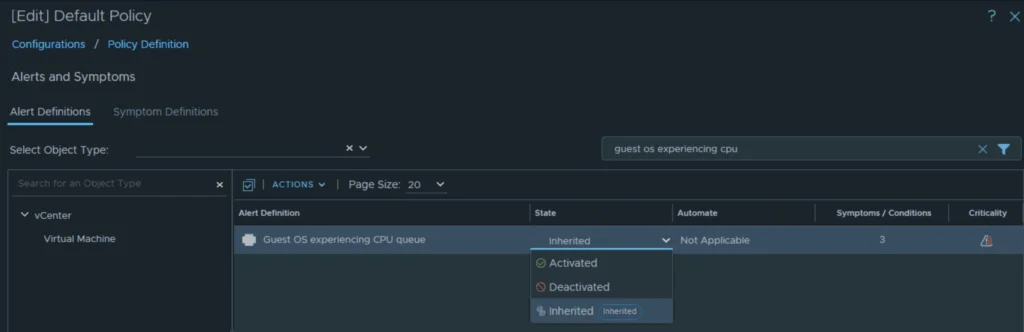 UI shows policy editing for alerts, with “Guest OS experiencing CPU queue” alert state set to “Deactivated” in a vCenter policy.