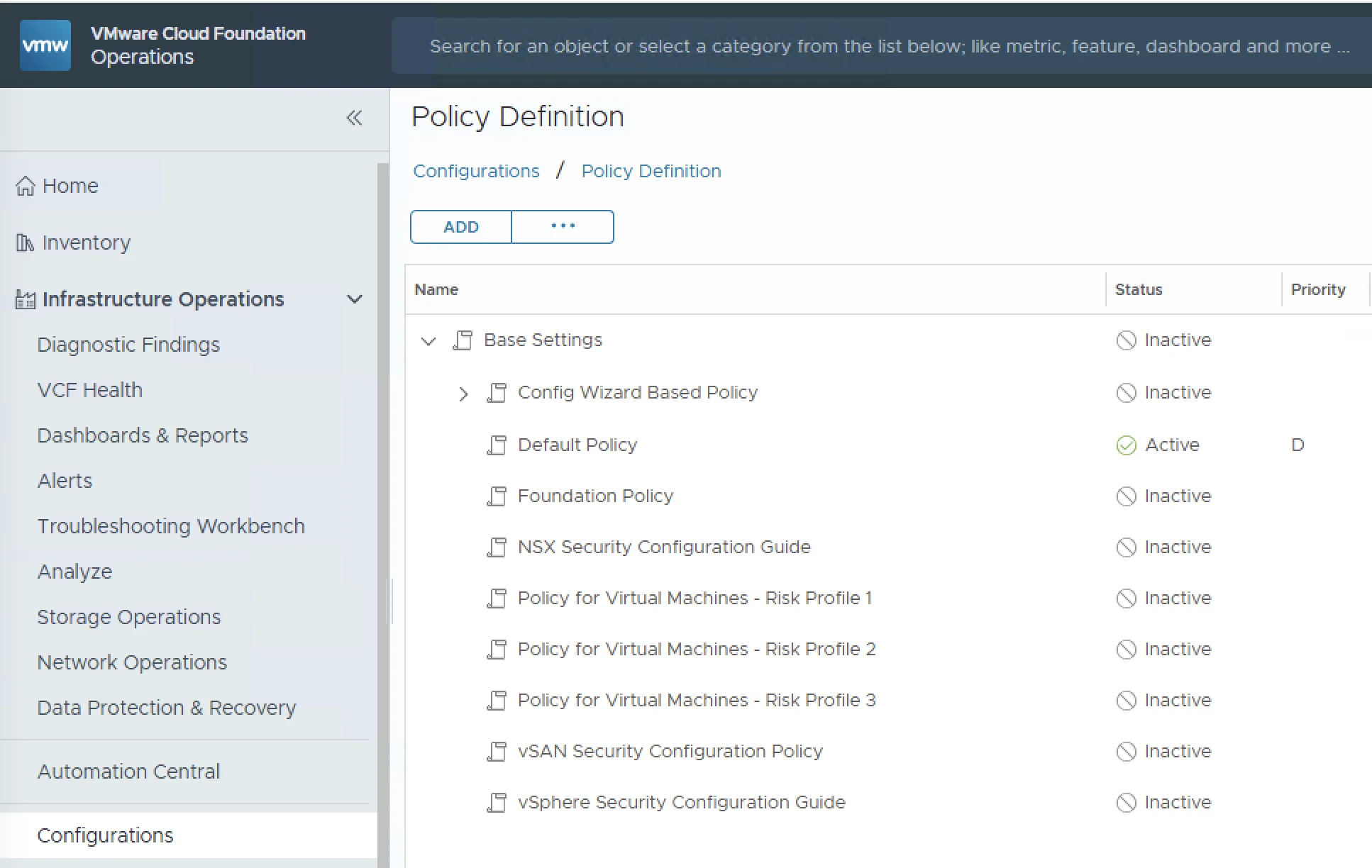 VCF Operations policy definition interface showing configuration options for capacity management