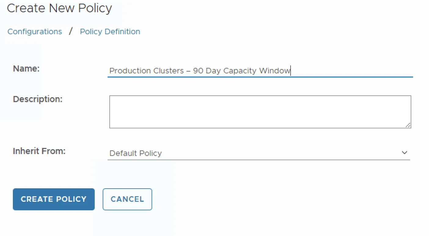 UI step showing “Create New Policy” with fields for name and description, inheriting from Default Policy.