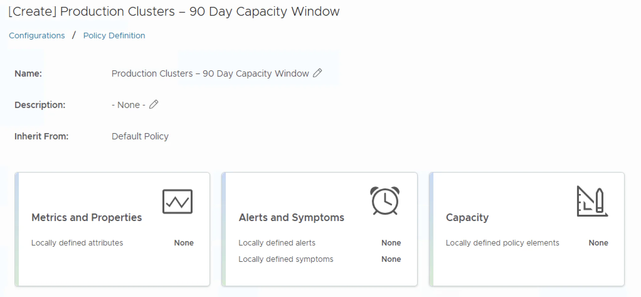 UI shows “Production Clusters – 90 Day Capacity Window” under Configurations/Policy Definition. Metrics/Alerts/Capacity sections are empty.