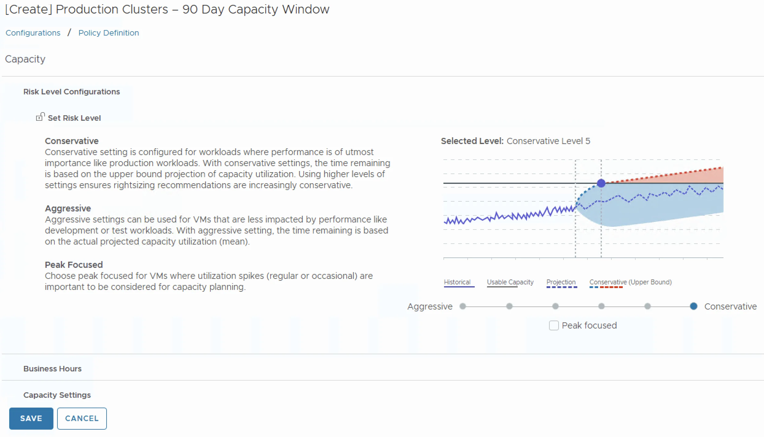 VCF Operations capacity risk level set to Conservative for production clusters