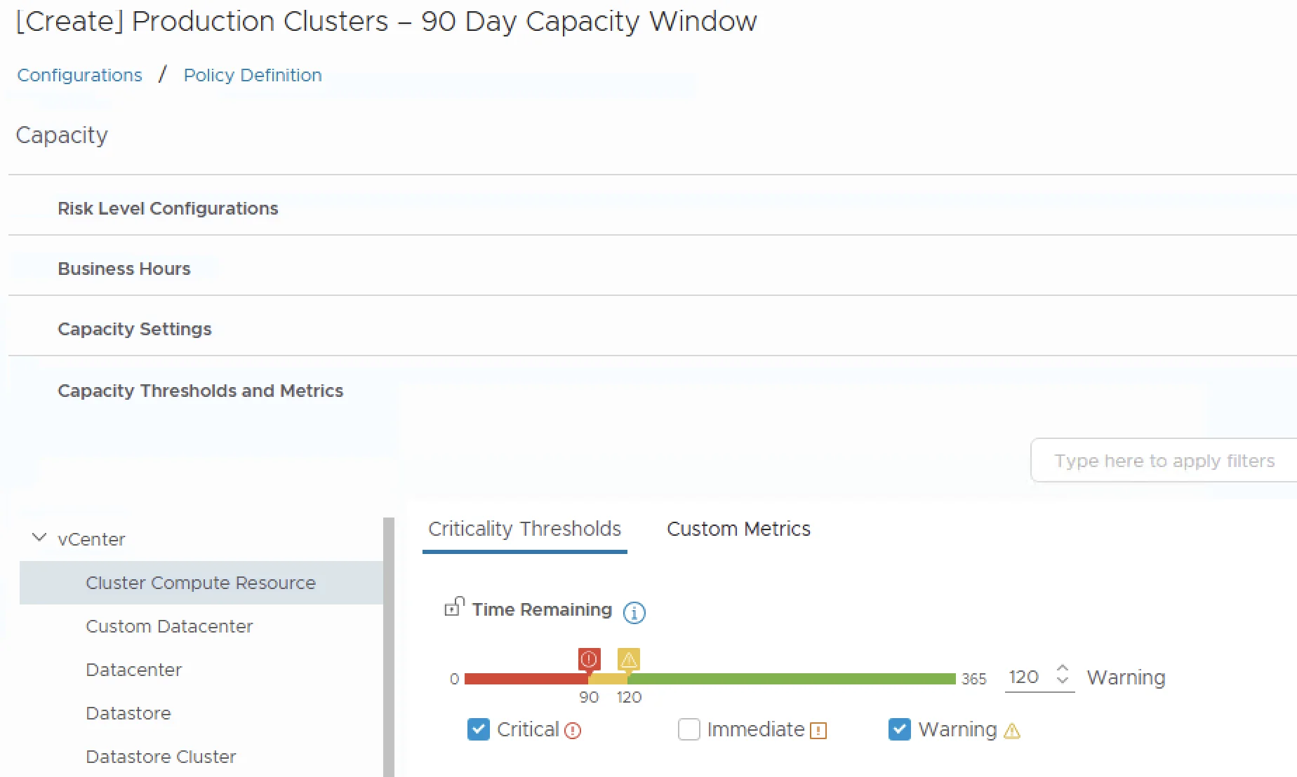 The image shows a capacity window setup for production clusters in VCF Operations 9, focusing on adjusting thresholds to ensure timely alerts for resource exhaustion over 90 days.