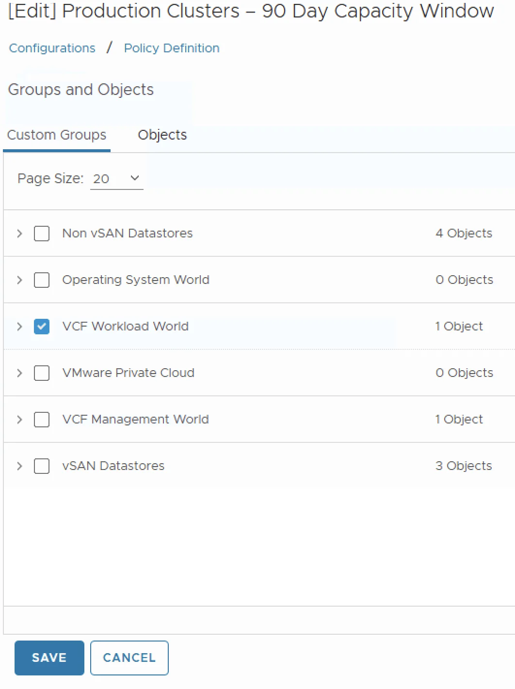 UI shows custom group selection in a capacity window configuration wizard step.