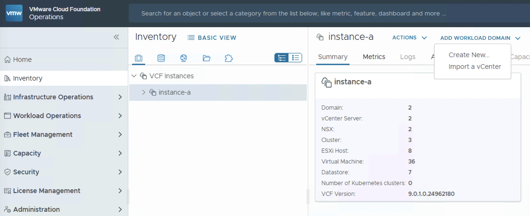 VCF Operations inventory showing options to create new or import a vCenter instance