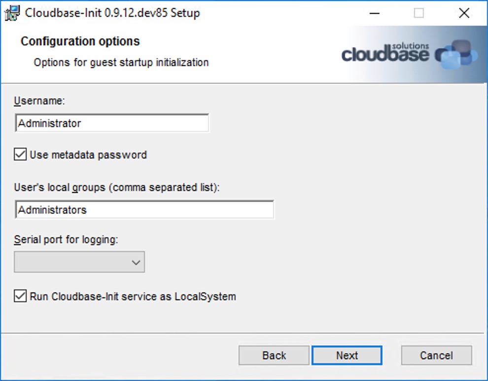 Configuration options — set Username to Administrator and check Run as LocalSystem