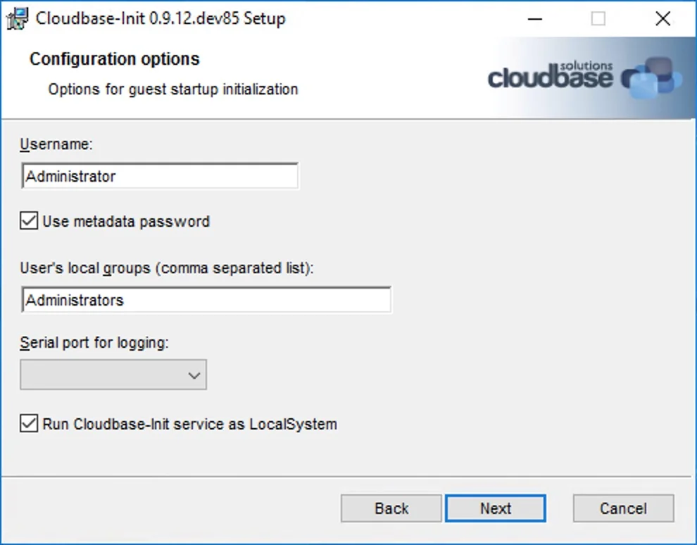 Configuration options — set Username to Administrator and check Run as LocalSystem