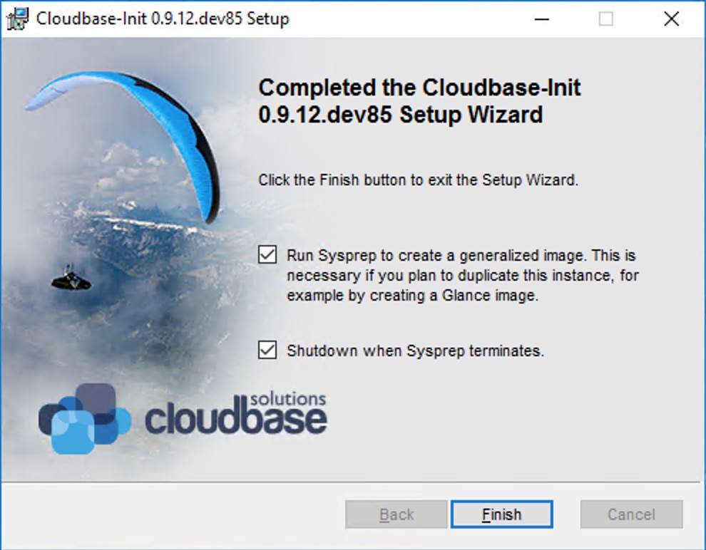 Cloudbase-Init installer completion — check both Sysprep and Shutdown checkboxes