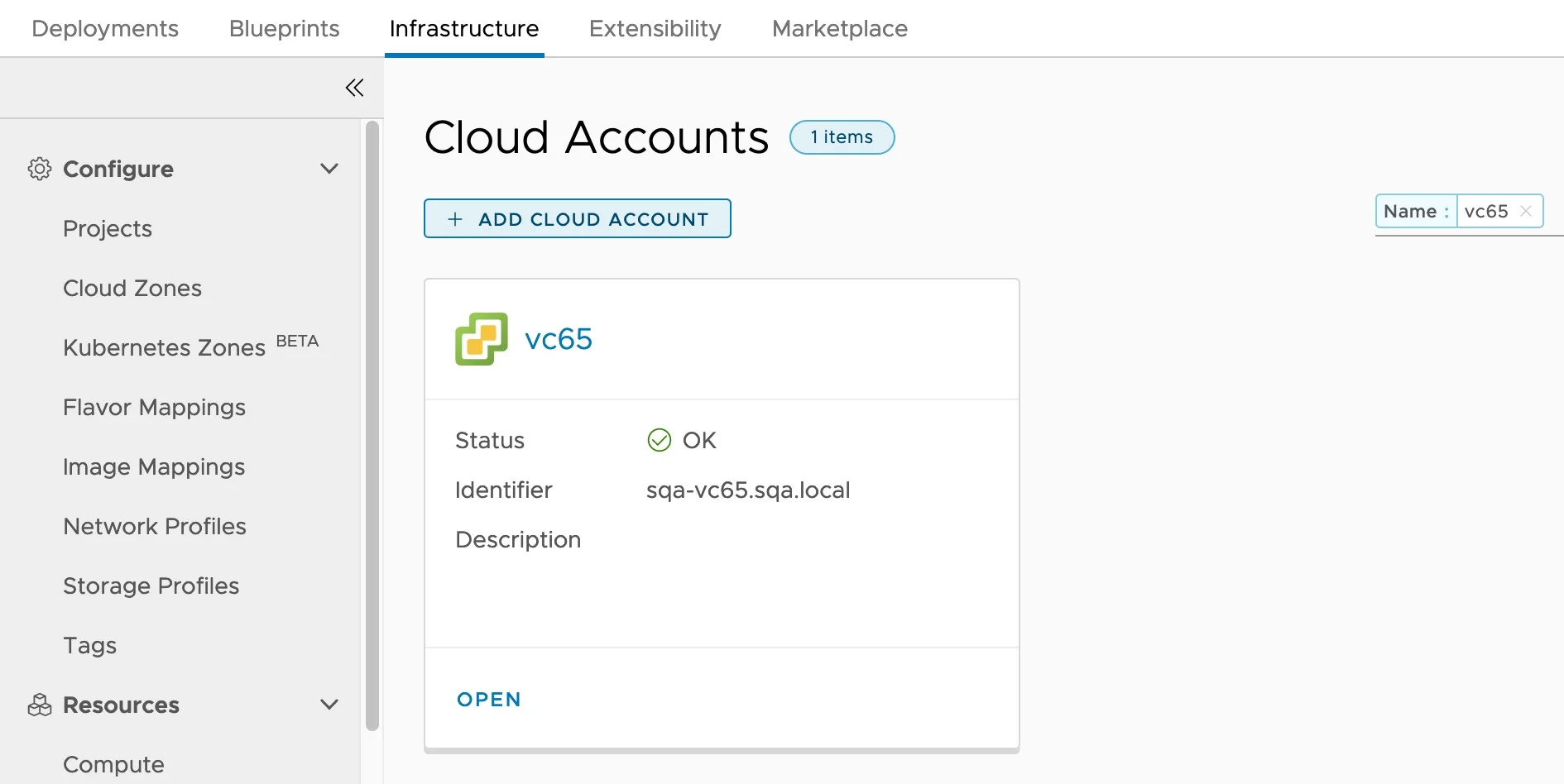 Cloud Accounts page showing the vCenter connection