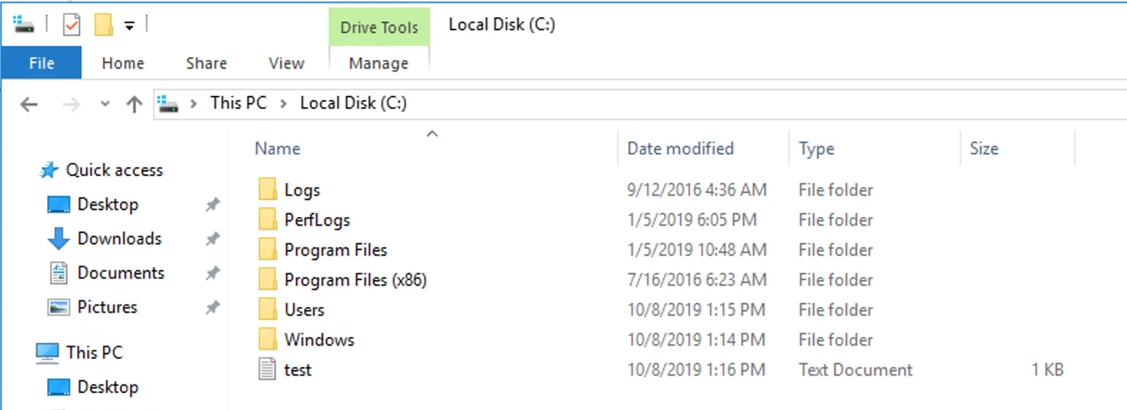 Windows Explorer showing C:\ drive with the test.txt file created by Cloudbase-Init