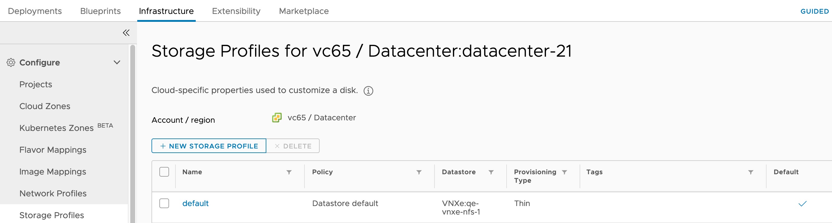 Storage Profiles page showing the default profile