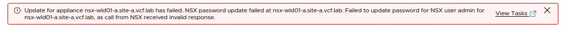 VCF Operations banner showing the NSX appliance password update failed because the call from NSX received an invalid response.