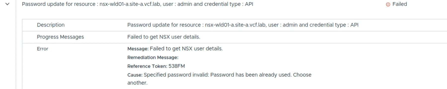 Failed password update task details showing the cause: specified password invalid, password has been already used, choose another.
