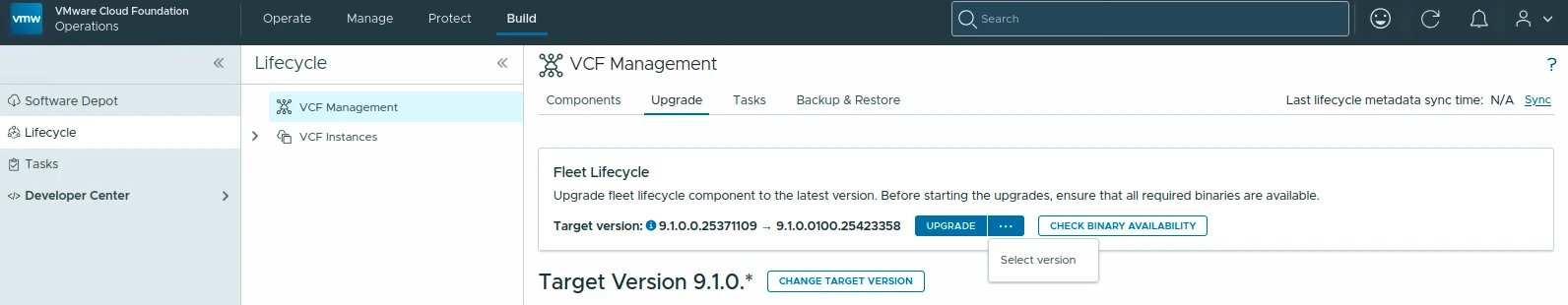 VCF Operations Build Lifecycle page showing the Fleet Lifecycle upgrade card and target version selector.