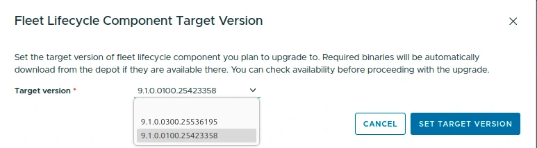Fleet Lifecycle Component Target Version dialog showing 9.1.0.0300.25536195 as an available target version.